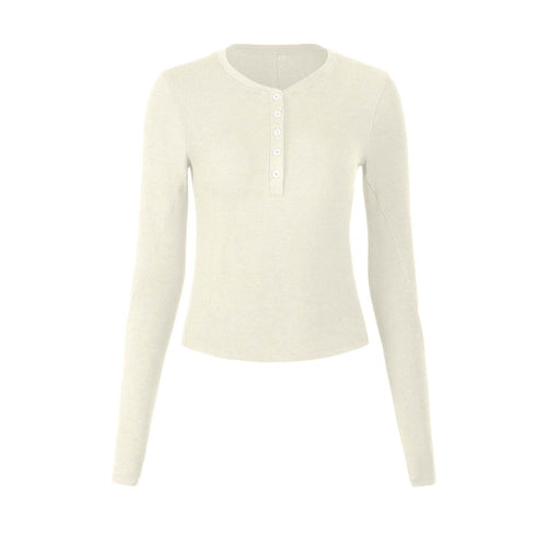 T-shirt henley femme — tissu respirant et élastique pour yoga et course