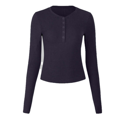 T-shirt henley femme — tissu respirant et élastique pour yoga et course