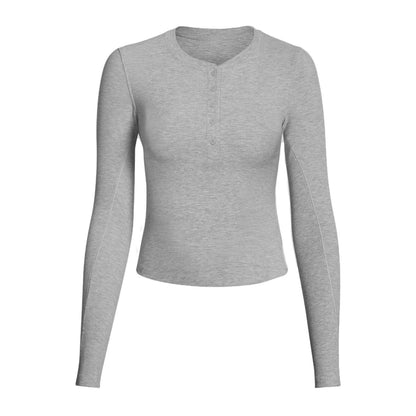 T-shirt henley femme — tissu respirant et élastique pour yoga et course