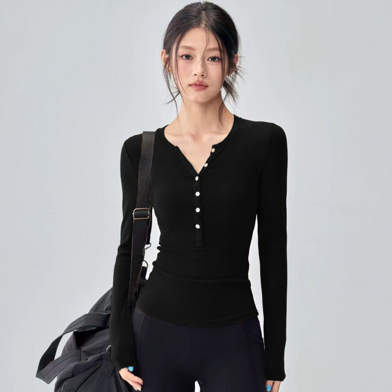 T-shirt à manches longues et col henley – confort et élégance pour yoga