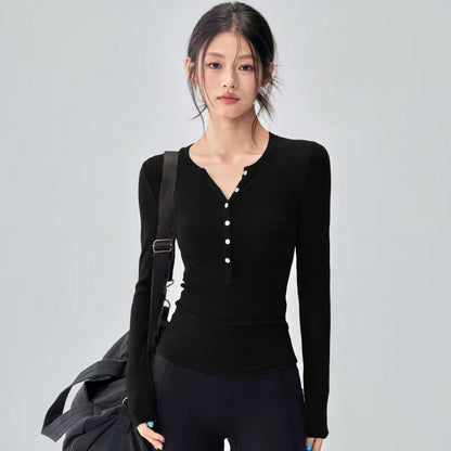 T-shirt à manches longues et col henley – confort et élégance pour yoga